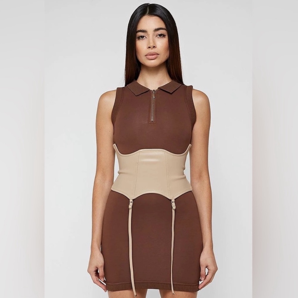 Manière de Voir Brown Polo Dress w/ Beige Suspender Corset